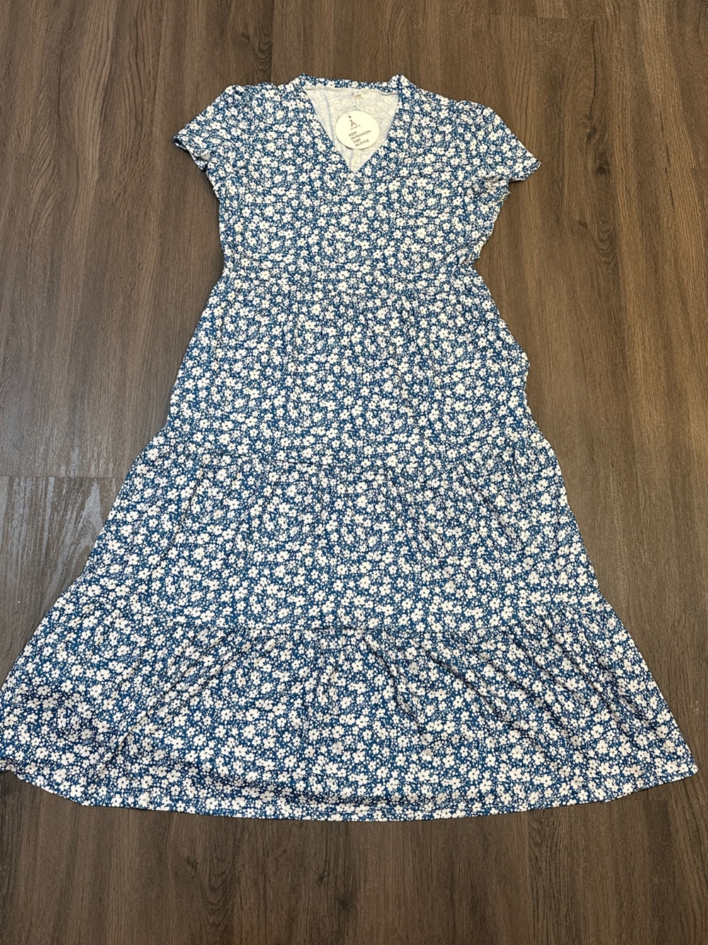 NWT Anrabess Blue Floral Midi Dress Fit & Flare Short Sleeve Size S